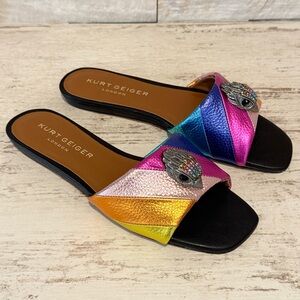 Kurt Geiger Kensington Flat Sandals Rainbow Metallic Stripe Slide Size 37 EU New